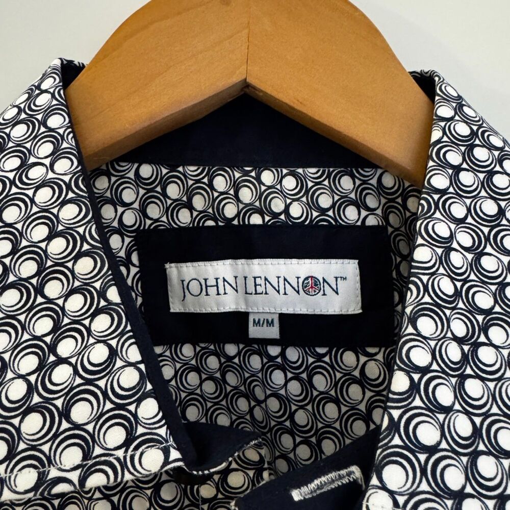 John Lennon Men's M Navy White Circle Print Button Up Shirt Peace Logo Retro